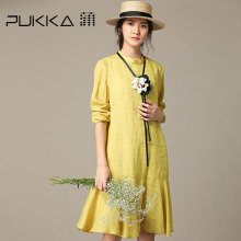 Pukka蒲牌苎麻印花长袖连衣裙女原创设计大码女装2018秋装新款图片