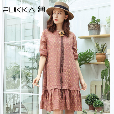 Pukka蒲牌苎麻印花七分袖连衣裙女原创设计女装秋装2018新款女商品大图