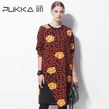 Pukka蒲牌印花棉长袖连衣裙女原创设计大码女装2018秋装新款图片