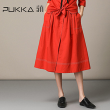 Pukka蒲牌棉麻半身裙中裙口袋女原创设计大码女装2018秋装新款图片