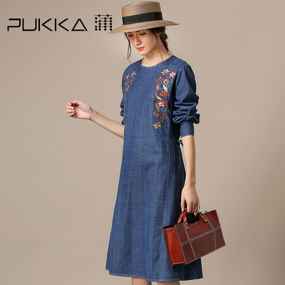 Pukka蒲牌全棉牛仔绣花长袖连衣裙女原创设计女装2018秋装新款