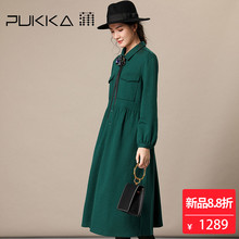 Pukka蒲牌棉羊毛呢长袖连衣裙女原创设计女装秋冬装女2018新款图片