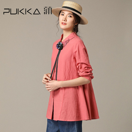 Pukka蒲牌绣花棉麻长袖衬衫女原创设计大码女装2018秋装新款商品大图