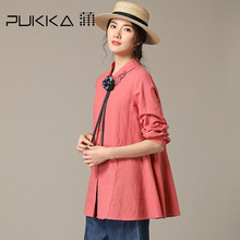 Pukka蒲牌绣花棉麻长袖衬衫女原创设计大码女装2018秋装新款图片