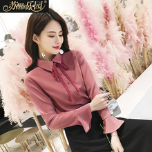2018秋款衬衣女装新款韩版修身喇叭袖细带淑女上衣衬衫图片