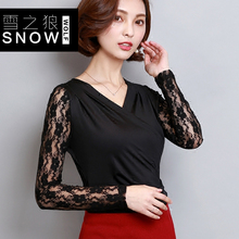 V领蕾丝打底衫女长袖韩版女装秋季新品修身显瘦大码小衫百搭上衣图片