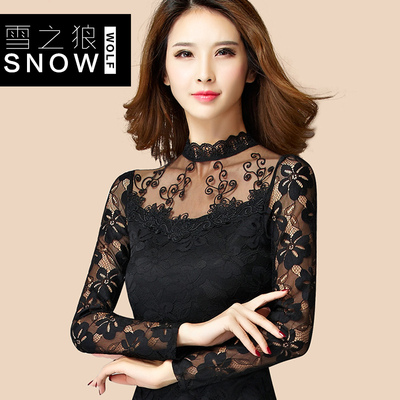 长袖蕾丝打底衫2018秋季新款立领大码修身网纱女韩版休闲上衣小衫