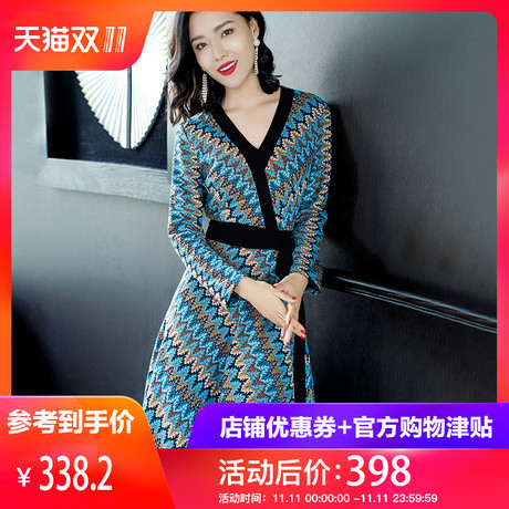 隆缘裳秋装女2018新款长袖花色连衣裙中长款气质V领修身a字裙3258商品大图