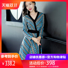 隆缘裳秋装女2018新款长袖花色连衣裙中长款气质V领修身a字裙3258图片