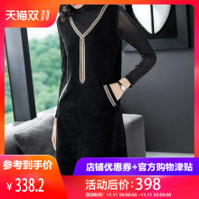 隆缘裳2018秋装新款麂皮绒拼接蕾丝袖连衣裙韩版高领中长裙女3191图片