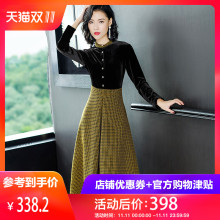 隆缘裳2018秋冬新款名媛气质丝绒拼接千鸟格高腰大摆连衣裙女3891图片