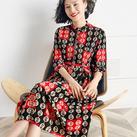 隆缘裳格子连衣裙女春装2019新款气质复古红色雪纺中长款裙子5723商品大图