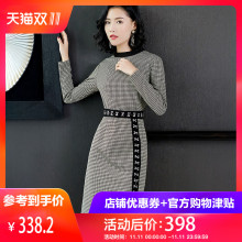 隆缘裳2018秋冬新款高腰显瘦气质千鸟格金属扣拼接A字连衣裙3337图片