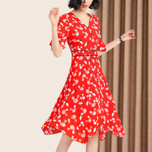 隆缘裳碎花真丝连衣裙女2019春夏新款v领桑蚕丝高腰a字中裙子5885图片