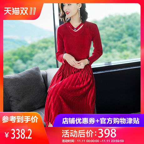 隆缘裳女秋冬2018新款长袖连衣裙韩版修身显瘦金丝绒百褶裙子3262商品大图