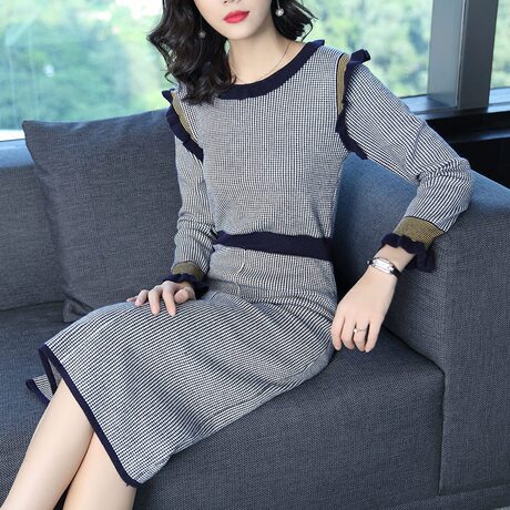 隆缘裳女秋冬2017新款时尚撞色条纹一步裙羊毛修身针织连衣裙7291商品大图