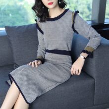 隆缘裳女秋冬2017新款时尚撞色条纹一步裙羊毛修身针织连衣裙7291图片