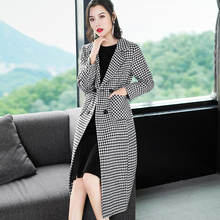 隆缘裳中长款大衣2018冬季新款千鸟格双排扣毛呢外套女5051图片