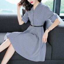 隆缘裳格子连衣裙女夏2018新款时尚修身衬衫裙气质韩版A字裙9706图片