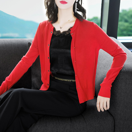 隆缘裳2018新款简约纯色薄款开衫休闲长袖针织衫短外套女秋装1756商品大图