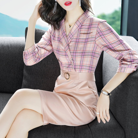 隆缘裳2018秋季新款时尚拼接显瘦气质包臀裙简约格子连衣裙女1571商品大图