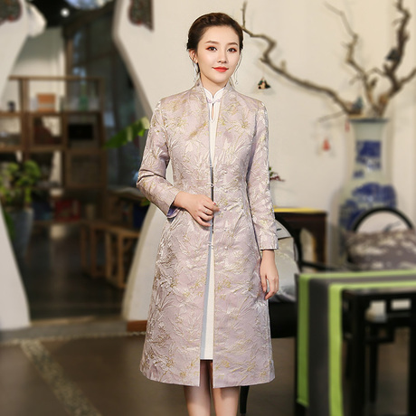 秀观唐金香2018秋冬女装改良版旗袍上衣 中国风长款唐装外套大衣商品大图