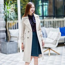娅丽达女装2018秋季新款中长款风衣双排扣纯色西装领外套图片