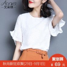 夏天2018新款女装韩版时尚白色短袖上衣超仙气质甜美喇叭袖雪纺衫图片