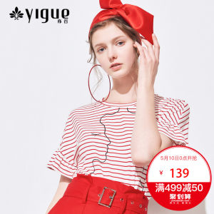 亦谷2018夏装新款圆领红色条纹荷叶袖创意人