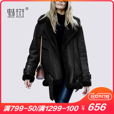 魅斑加厚冬装短款黑色皮衣外套2018新款女装大码长袖皮毛一体大衣商品大图