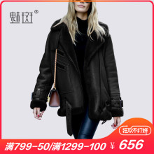 魅斑加厚冬装短款黑色皮衣外套2018新款女装大码长袖皮毛一体大衣图片