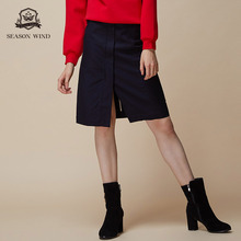 季候风2019春季新款通勤中长款纯色开叉纯棉高腰包臀裙女图片