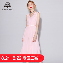 季候风2018夏季商场同款V领纯色高腰雪纺无袖连衣裙女夏图片