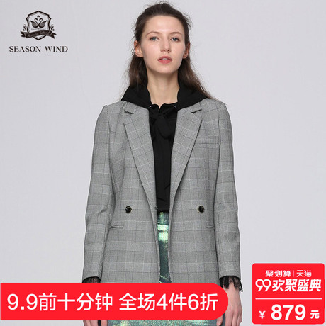 季候风2018秋季商场同款格纹帅气直筒纽扣翻领长袖西装女商品大图