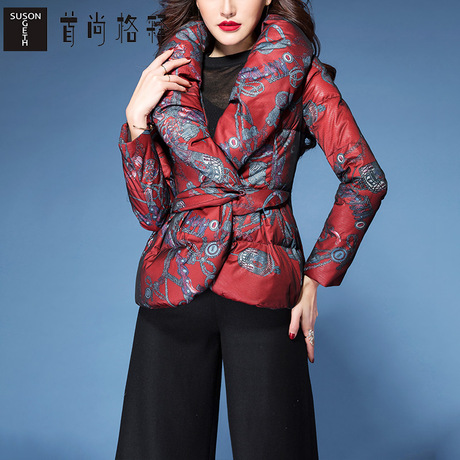 首尚格释小款羽绒服女短款2018冬装新款修身气质印花白鸭绒短外套商品大图