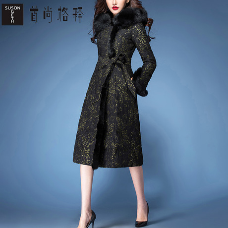 首尚格释2018冬装新款女装连帽可拆毛领修身显瘦中长款蕾丝羽绒服商品大图