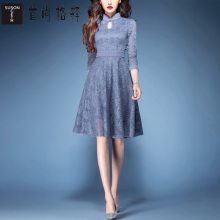 首尚格释2018春装新款女装复古旗袍领修身七分袖中长款蕾丝连衣裙图片