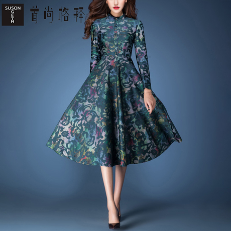 首尚格释2018春装新款女修身显瘦中长款立领蕾丝大摆优雅连衣裙女商品大图