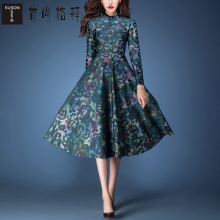 首尚格释2018春装新款女修身显瘦中长款立领蕾丝大摆优雅连衣裙女图片