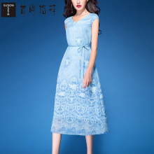 首尚格释女装2018夏季新品修身显瘦蓝色印花a字裙中长款连衣裙女图片