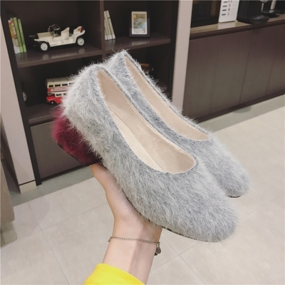 毛绒鞋女冬天鞋子2017秋季新款韩版百搭加绒中跟瓢鞋带毛毛的单鞋