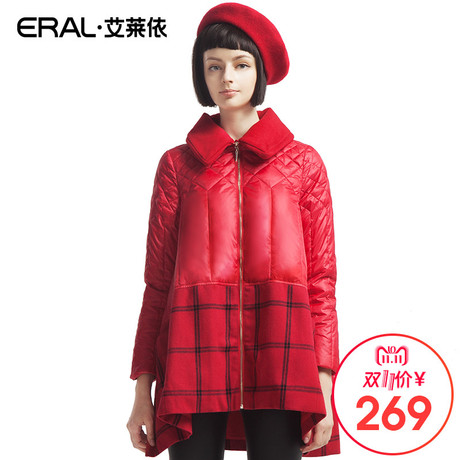 ERAL/艾莱依冬季女装POLO领格子拼接中长款羽绒服女韩版外套6047D商品大图