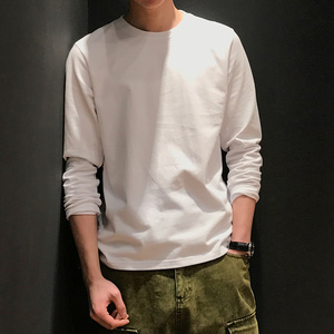 马切达2019春季新款纯白色长袖T恤男青年宽松休闲内搭圆领打底衫