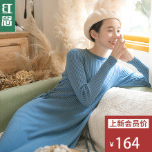 红念蓝色毛衣裙针织连衣裙女秋冬2018新款中长款文艺修身长裙子图片