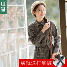 红念方领格子毛呢连衣裙女秋冬2018新款中长款修身a字裙打底长裙图片