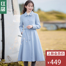 红念蓝色修身呢子大衣女中长款2018秋冬新款文艺刺绣羊毛呢外套女图片