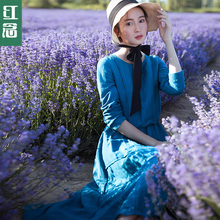 红念蓝色亚麻连衣裙女长袖2018秋装新款中长款百褶裙修身长裙子图片