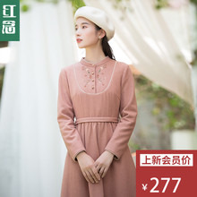 红念文艺羊毛呢连衣裙秋装女2018新款中长款百褶a字裙显瘦长裙子图片