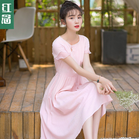红念藕粉色棉麻连衣裙女夏装2018新款文艺小清新a字裙修身中裙子商品大图