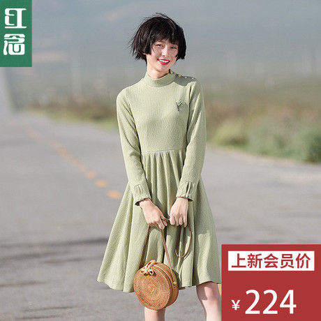 红念绿色高领针织连衣裙长袖秋装女2018新款文艺百褶a字裙中裙子商品大图
